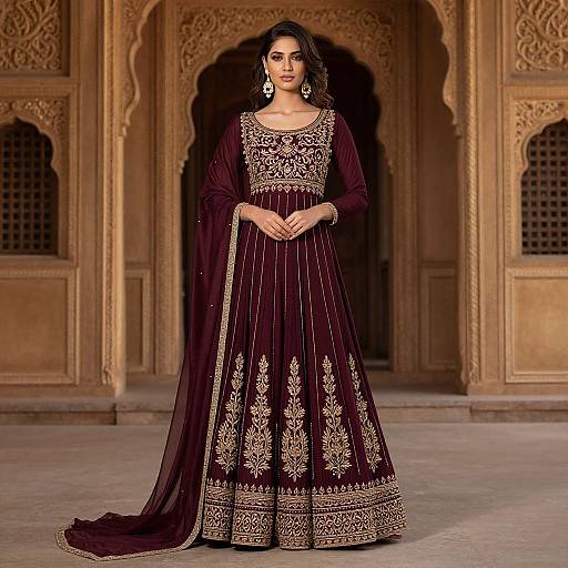 Elegant Woman in Wine Anarkali Gown