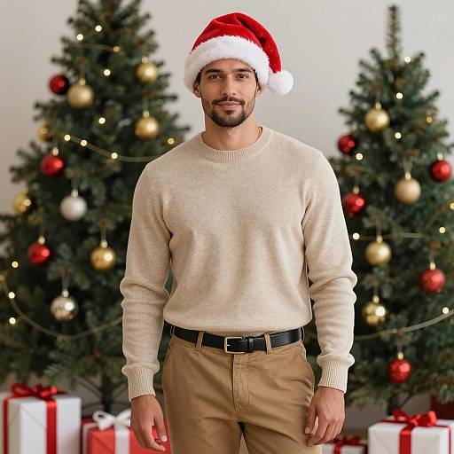 Man in Santa Hat with Christmas Trees and Gifts