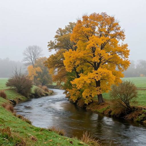 Photograph of a vibrant autumn scene: a bright orange-leaved tree stands by a narrow, reflective stream, surrounded by misty, green meadow