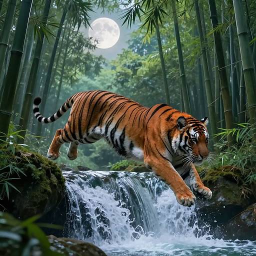 Photorealistic digital art of a tiger leaping over a waterfall in a dense bamboo forest, with a full moon in the background.