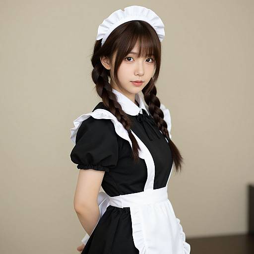 Photograph of an Asian woman in a black and white French maid outfit with braided brown hair, standing against a plain beige background.
