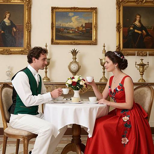 Photograph of a couple in formal attire, seated at a table, holding tea cups, in an elegant room with framed portraits.