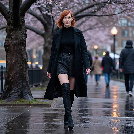 Photograph of a confident red-haired woman in a black coat, high-waisted black skirt, and knee-high boots, walking on a wet,