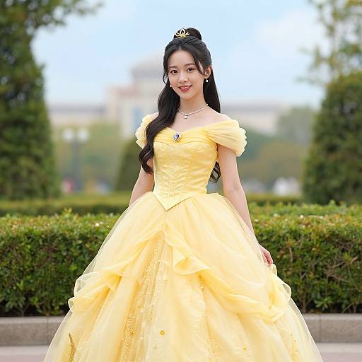 Photograph of an Asian woman with long black hair in a yellow off-shoulder ball gown, standing outdoors with greenery and blurred background. She