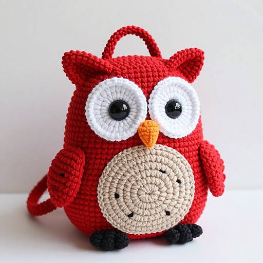 Photograph of a crocheted, red owl with white, oversized eyes, orange beak, beige belly, and black feet, against a white