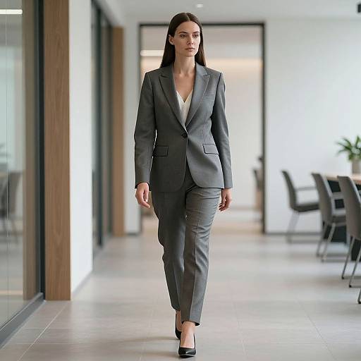 Photograph of a confident, long-haired woman in a grey business suit, black heels, walking down a modern, well-lit hallway.