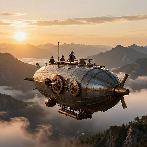 Photorealistic CGI of a steampunk airship with three crew members flying over misty mountainous terrain at sunrise, featuring large gears and a