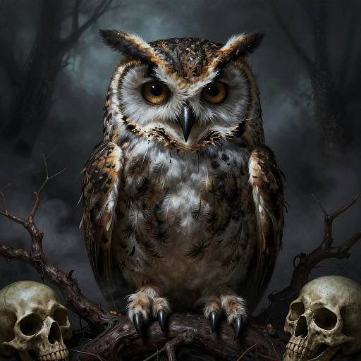 Photorealistic digital artwork of a large, detailed owl with intense yellow eyes, perched on a branch with two skulls below, in a dark,