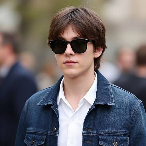 Photograph of a young man with brown hair, wearing black sunglasses, a white shirt, and a blue denim jacket, standing in a blurred outdoor urban