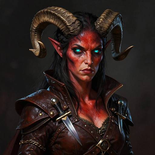 Digital painting of a fierce demoness with red skin, glowing blue eyes, large curved horns, black hair, and dark leather armor.