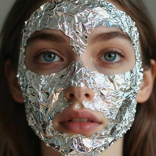Expressive Eyes Behind Shiny Silver Foil