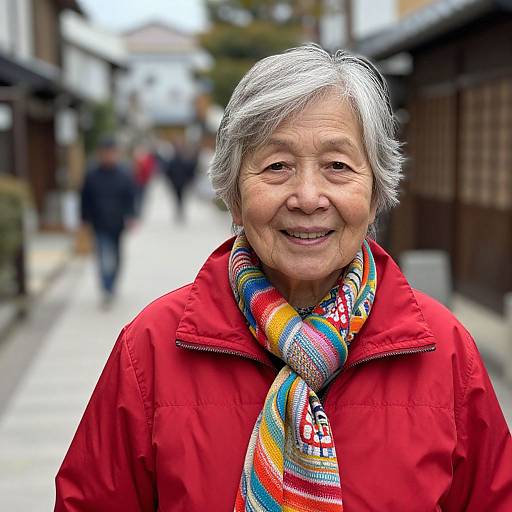 Photograph of an elderly Asian woman with short gray hair, smiling, wearing a bright red jacket and colorful, patterned scarf, standing on a blurred