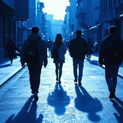 Photograph of four silhouetted people walking down a brightly lit, blue-tinted urban street at night, with long shadows and distant city