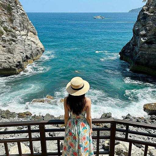 Photograph of a woman with long dark hair and a floral dress, wearing a straw hat, standing on a rocky balcony overlooking a vibrant blue ocean with