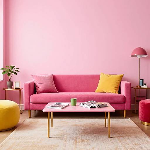 Bright pink living room with pink sofa, yellow pillow, pink and yellow accents, gold table, green mug, and modern lamp.