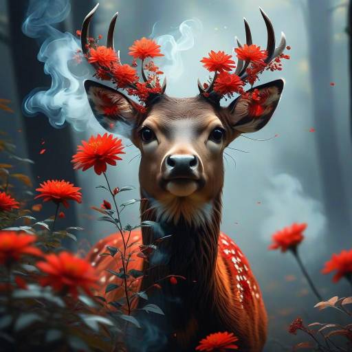 Glowing Deer with Red Flower Focus