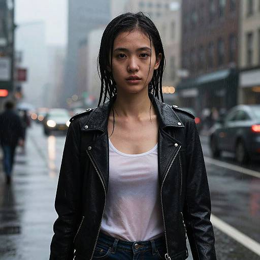 Photograph of a young Asian woman with wet, braided hair, wearing a black leather jacket and white tank top, standing on a rainy urban street