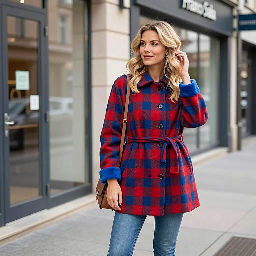 Woman in Red and Blue Checkered Coat on Urban Sidewalk