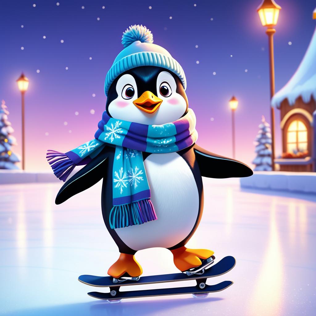 Vibrant Winter Penguin Ice Skating Cartoon