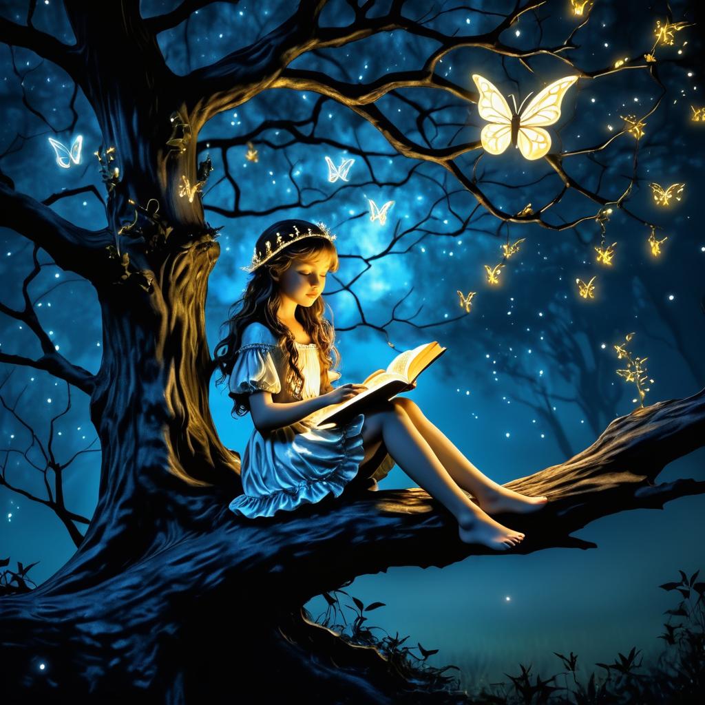 Enchanted Girl Reading Under Starlit Sky