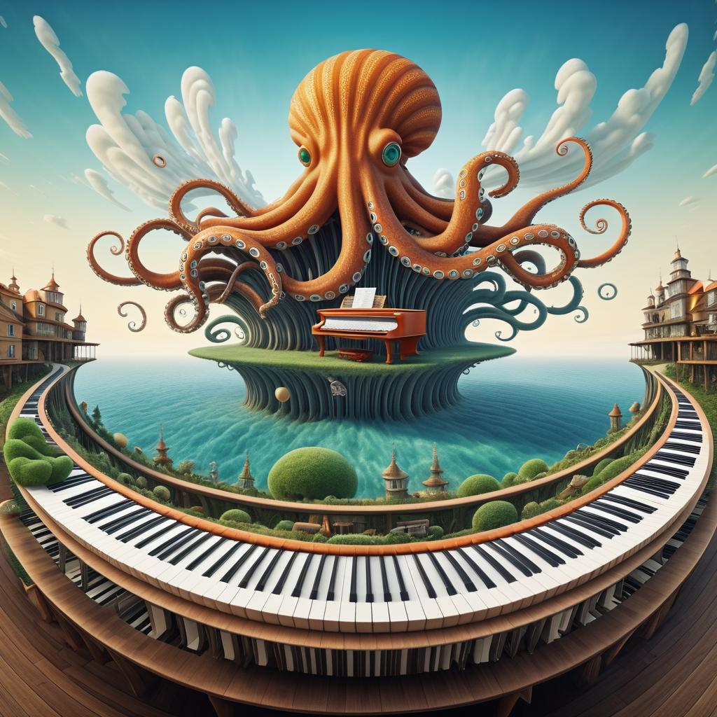 Surreal Octopus Playing Piano in Infinity