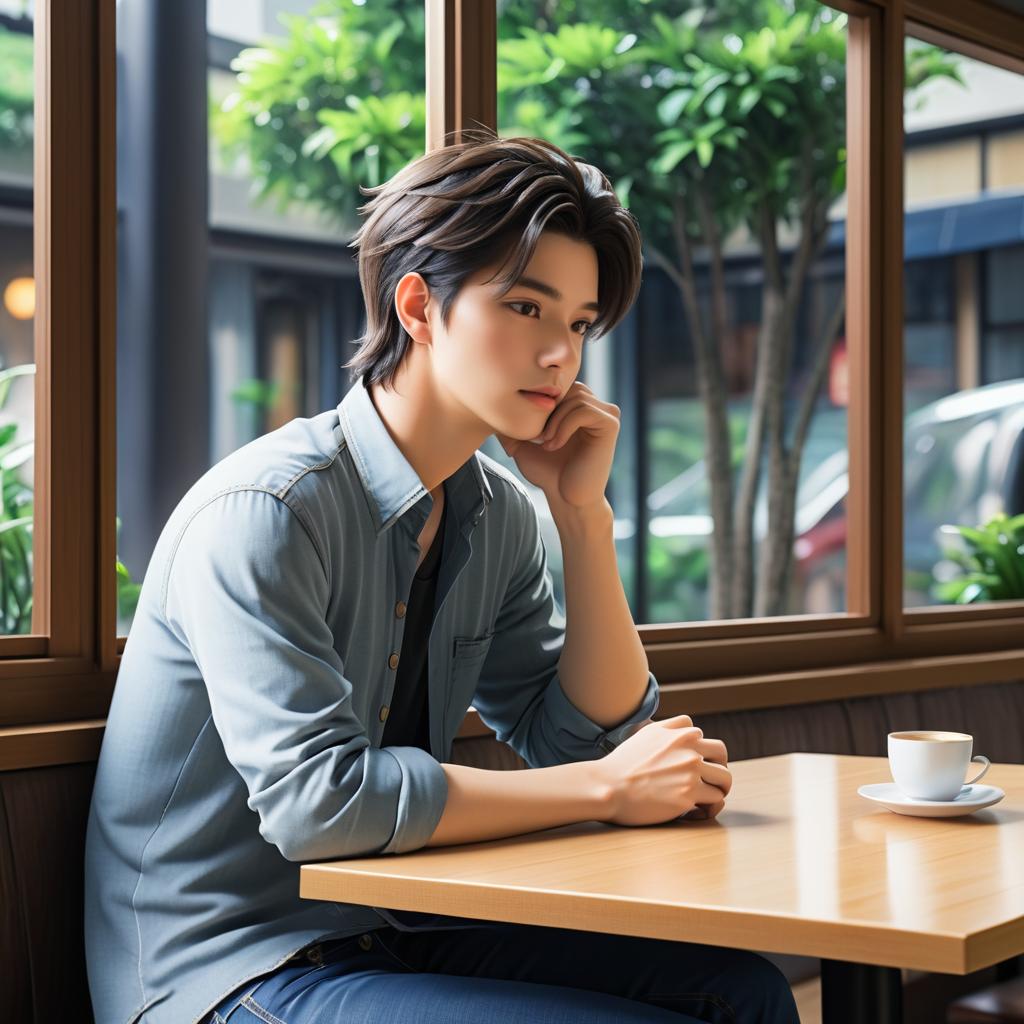 Pensive Young Man in a Quiet Café