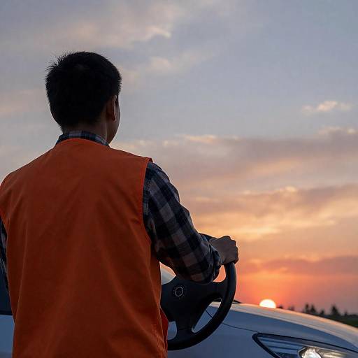 Man Holding Steering Wheel at Sunset