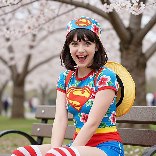Photograph of a smiling woman in a colorful Superman-inspired floral outfit, red and blue skirt, striped socks, and yellow sunhat, sitting on a
