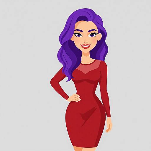 Digital illustration of a smiling woman with long purple hair, wearing a tight, red, long-sleeve dress, standing with one hand on her hip