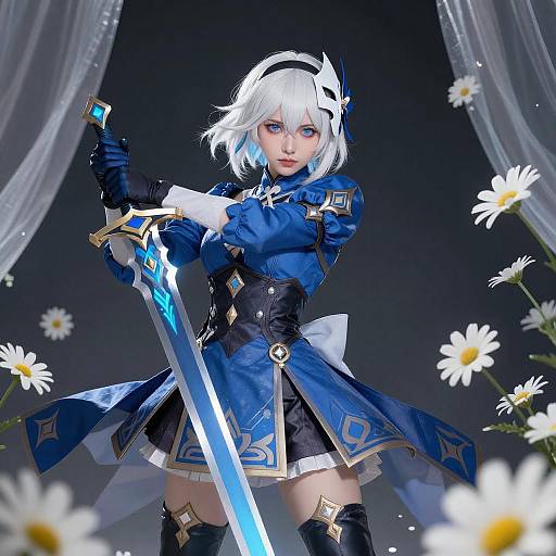 White-Haired Anime Warrior with Sword