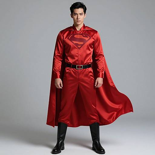 Photograph of a handsome Asian man in a red Superman costume with a long cape, black belt, and black boots, standing against a plain gray background