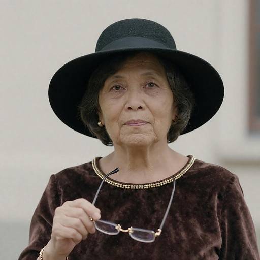 Elderly Woman in Black Hat Holding Glasses