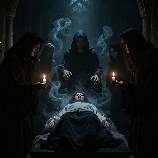 Photograph of a hooded figure above a smoky, candlelit, bedridden person in a dark, Gothic-style cathedral, surrounded by four shadow
