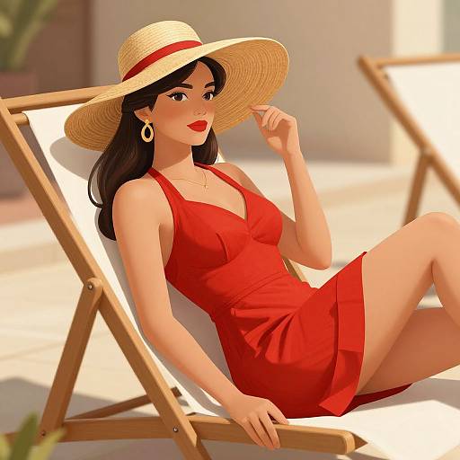 Digital illustration of a beautiful woman with fair skin, black hair, red dress, and straw hat, lounging on a wooden deck chair in sunlight.