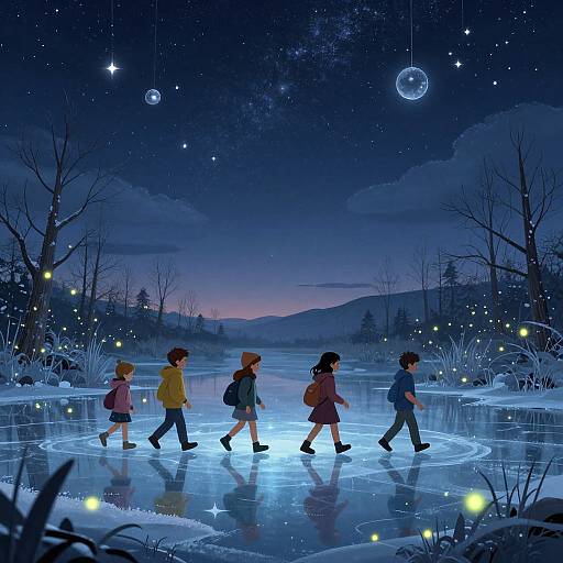 Digital illustration of five children walking on a glowing, starlit ice pond at night, surrounded by twinkling lights and a starry sky.