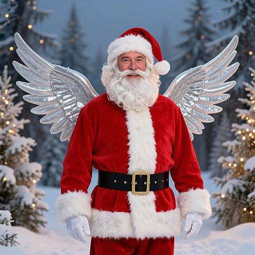 Photograph of a bearded Santa Claus with sparkling silver angel wings, wearing a red velvet suit with white fur trim, standing in a snowy forest decorated
