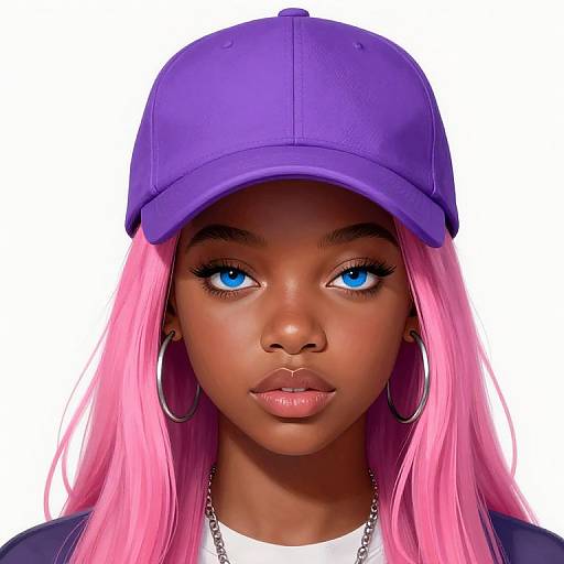Digital portrait of a black woman with bright pink hair, blue eyes, purple cap, large hoop earrings, and glossy lips, against a white background.