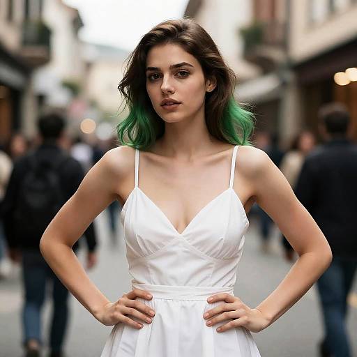 Photograph of a slender woman with green-tipped brown hair, wearing a white, V-neck, spaghetti-strap dress, standing confidently in a blurred