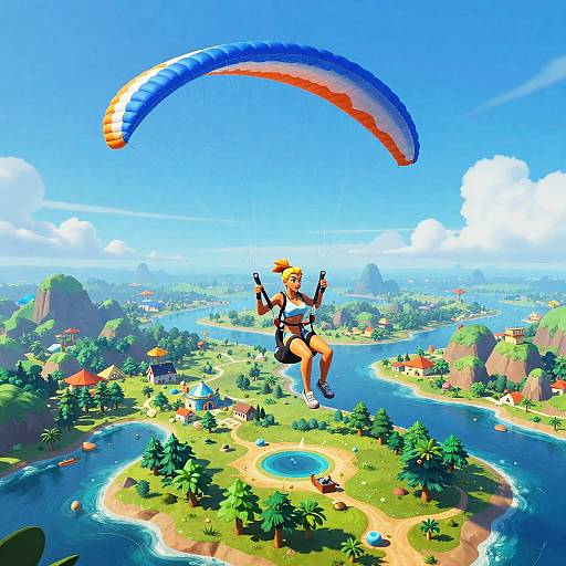Digital artwork of a blonde woman paragliding over a vibrant, island-filled landscape with blue skies, mountains, and a winding river below.