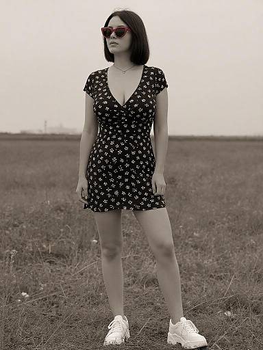 Photograph of an Asian woman with short black hair, wearing a black floral dress, red sunglasses, and white sneakers, standing in a desolate,