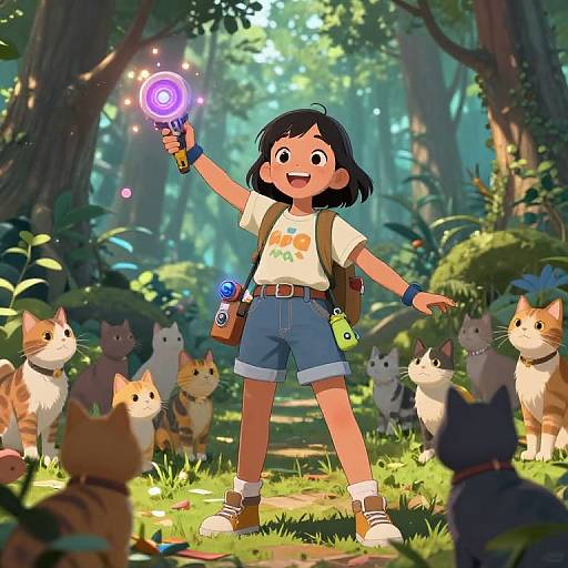 Young Girl Commanding Cats in Forest