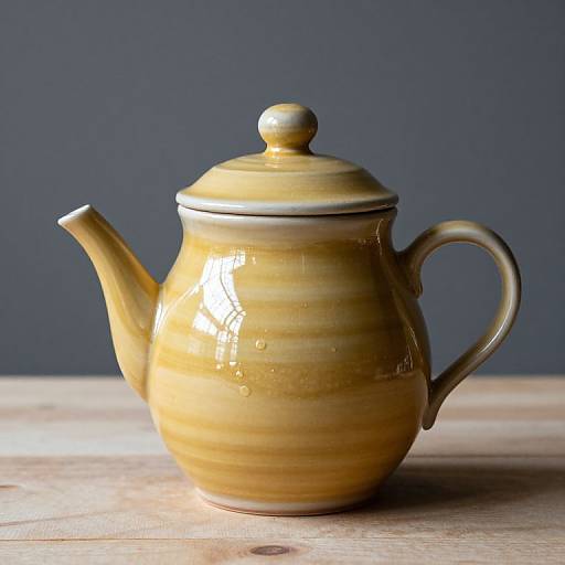 Photograph of a vintage yellow ceramic teapot with a rounded shape, wide spout, handle, and lid, set on a wooden surface against a