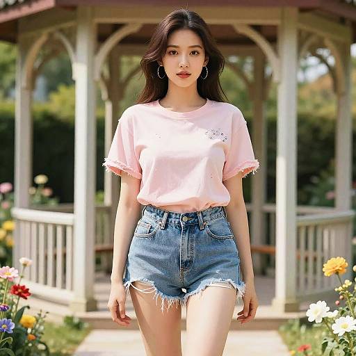 Photograph of an Asian woman with long dark hair, wearing a pink t-shirt and frayed denim shorts, standing in a sunny garden with a wooden