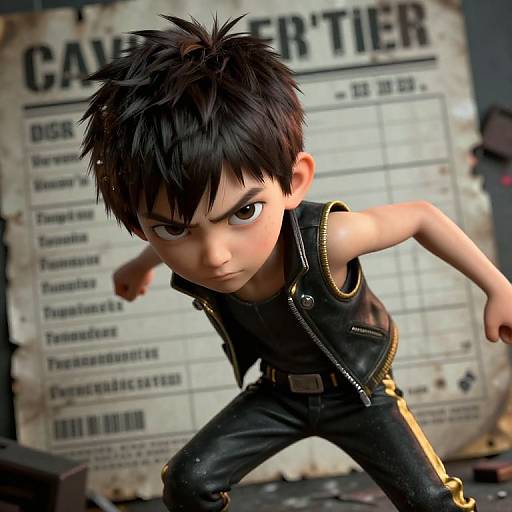 CGI anime-style boy with spiky black hair, intense gaze, black vest, and pants, crouching in front of a worn 