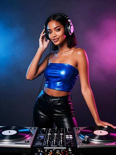 Stylish Female DJ Between Turntables