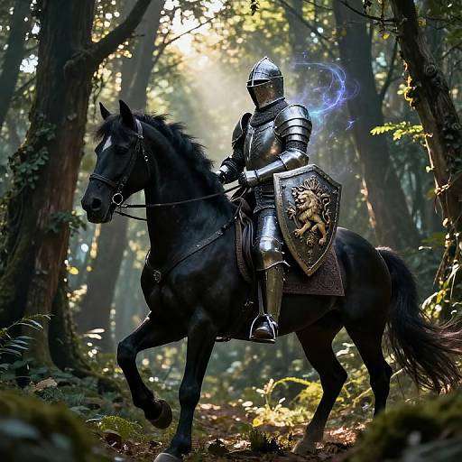 Photorealistic digital artwork of armored knight with glowing blue aura on black horse, holding ornate shield, in sunlit forest.