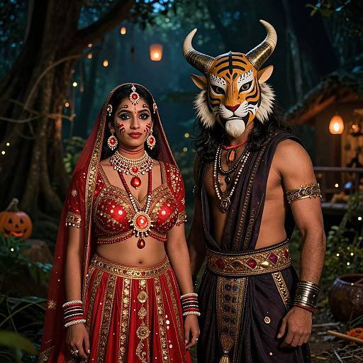 Photograph of an Indian bride in red traditional attire and a muscular man with a tiger mask, adorned in dark, ornate garments, standing in a