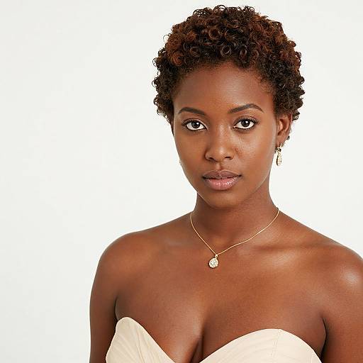 Photograph of a beautiful, dark-skinned woman with short curly hair, wearing a strapless white dress and a delicate gold necklace, against a white