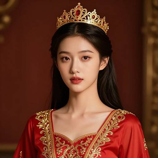 Elegant Asian Girl in Red Dress