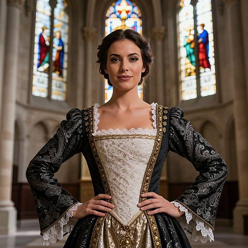 Photograph of a confident woman with dark hair in an ornate black and gold Renaissance-style dress, standing in a Gothic church with colorful stained glass windows